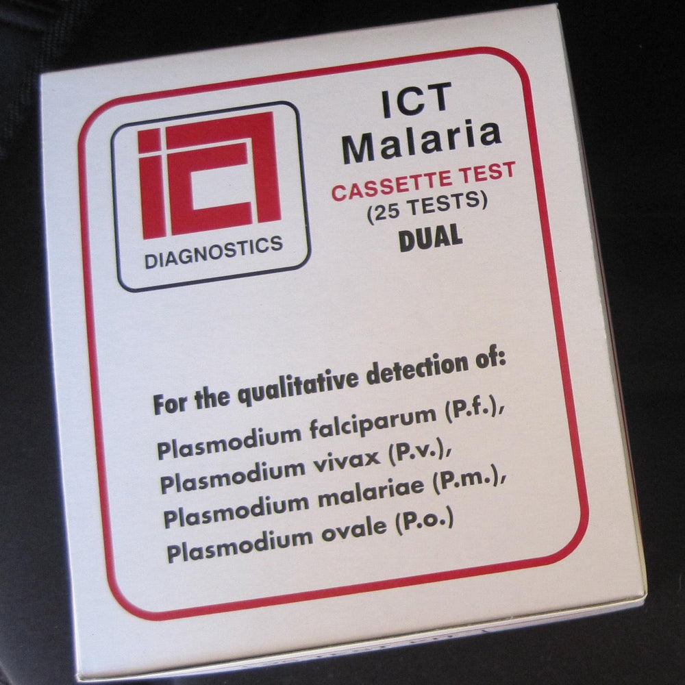 A white rectangular box for ICT Malaria Cassette Test (25 tests) Dual, featuring a red border and the ICT Diagnostics logo, photographed on a dark background.